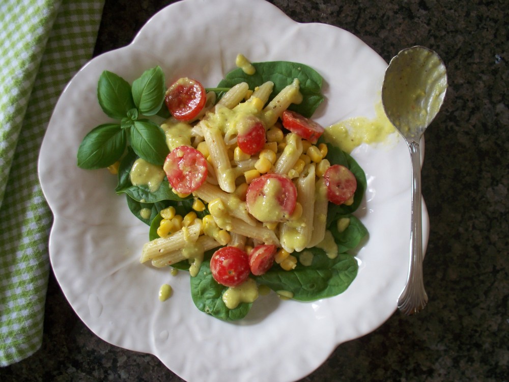 Corn Tomato Pasta Salad with Basil Goddess Dressing