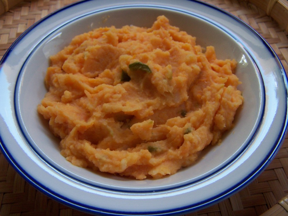 Buttermilk Mashed Sweet Potatoes with Roasted Garlic and Jalapeno