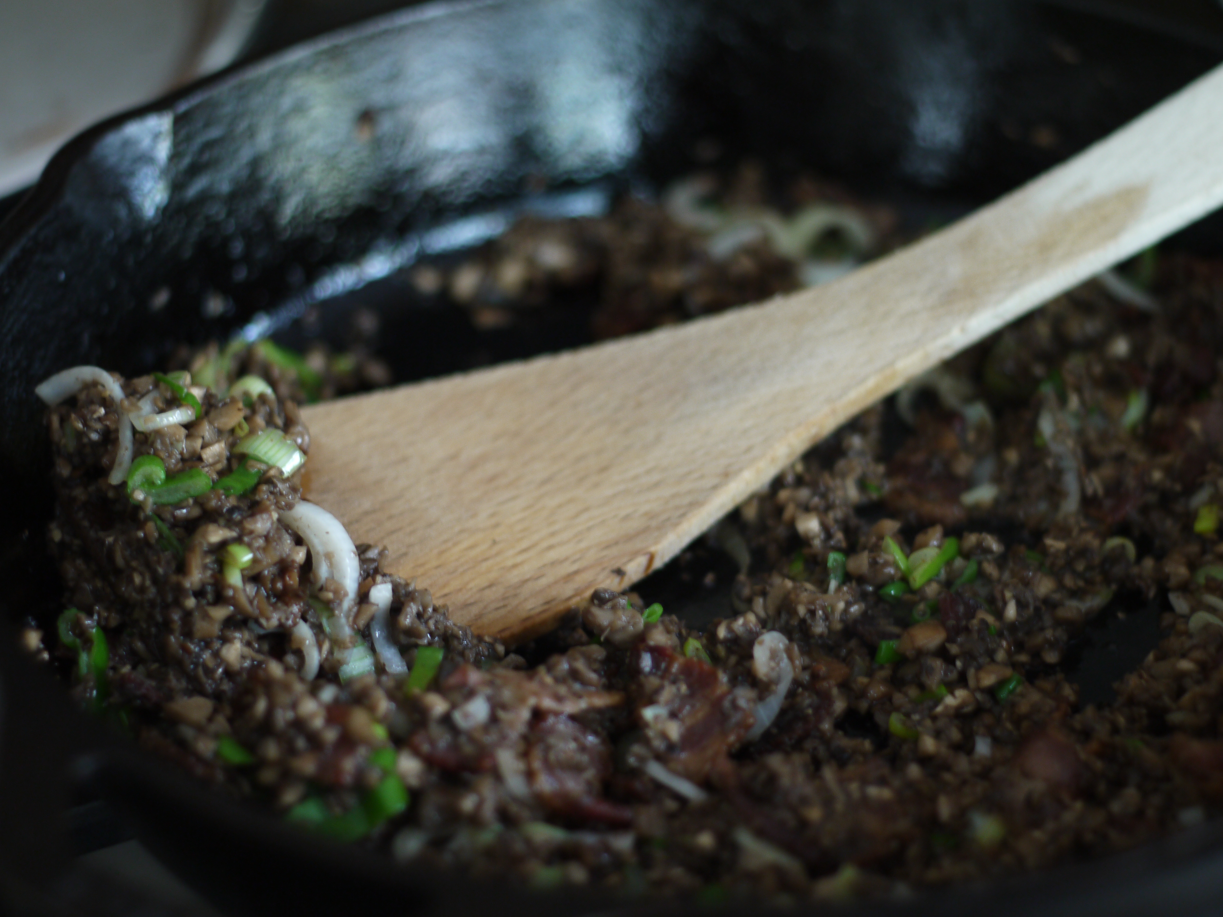 cooking mushroom duxelles in skillet